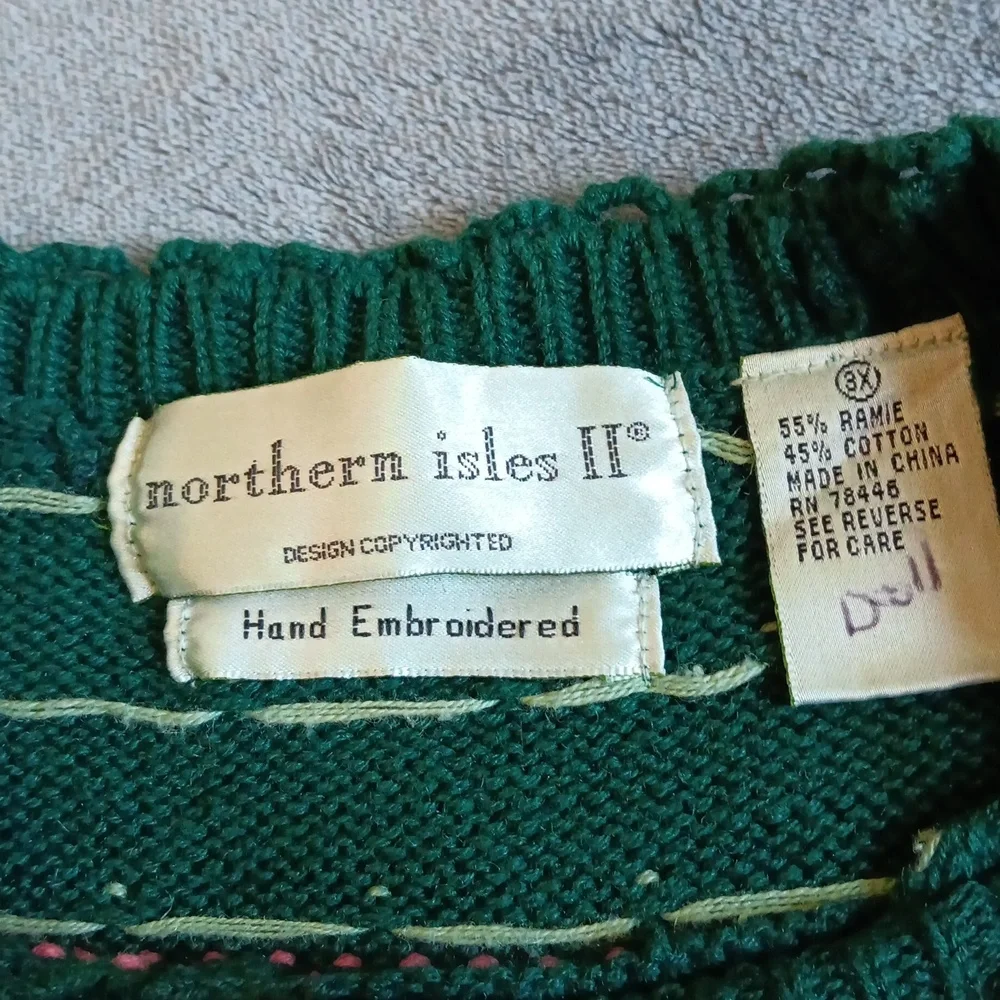 Northern Isles II Hand Embroidered Vintage Bunny Cottage Sweater Green Fall Knit - Picture 6 of 10